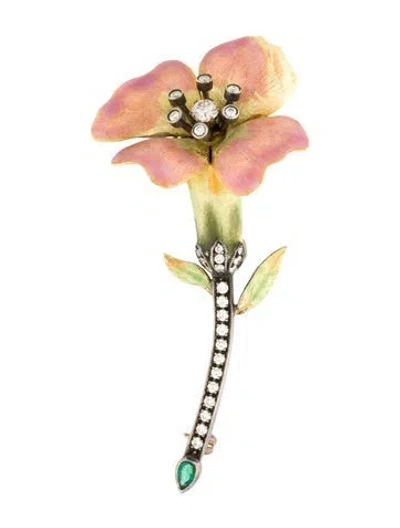 Pre-owned Brooch Emerald & Diamond Flower  In Multi