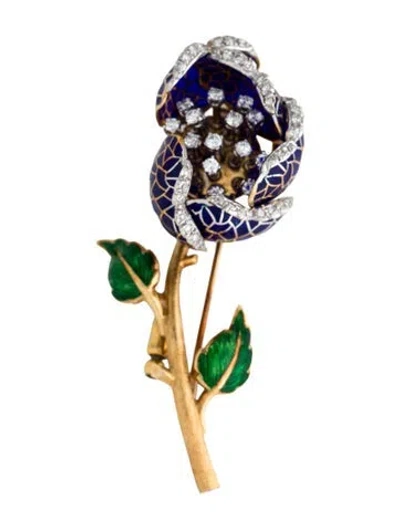 Pre-owned Brooch Enamel & Diamond Flower  Pin In Multi