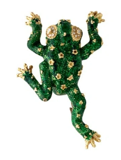 Pre-owned Brooch Garavelli 18k Diamond & Enamel Frog  In Green