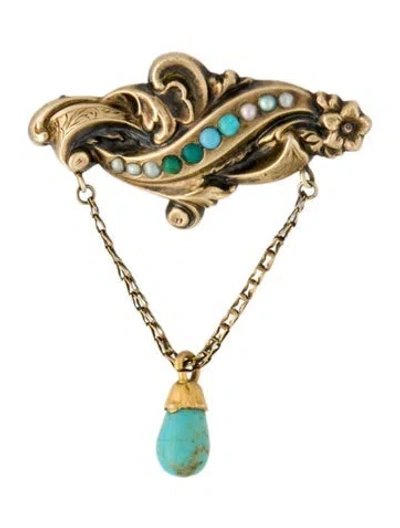 Pre-owned Brooch Glass, Pearl & Turquoise Pin  In Multi