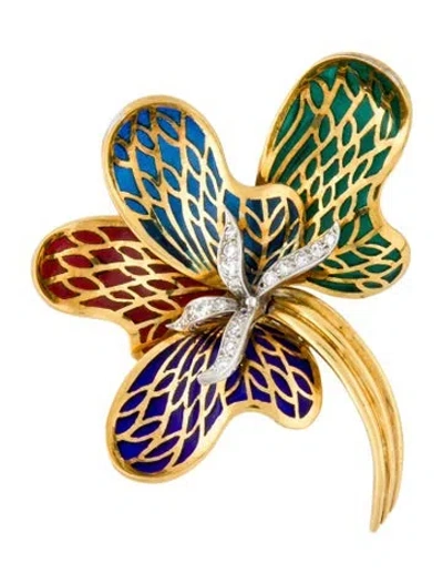 Pre-owned Brooch Martine 18k Diamond & Enamel Floral E In Multi