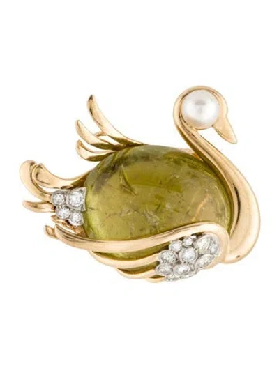 Pre-owned Brooch Mid-century Pearl, Tourmaline & Diamond Swan Jelly Belly  Pendant In Multi