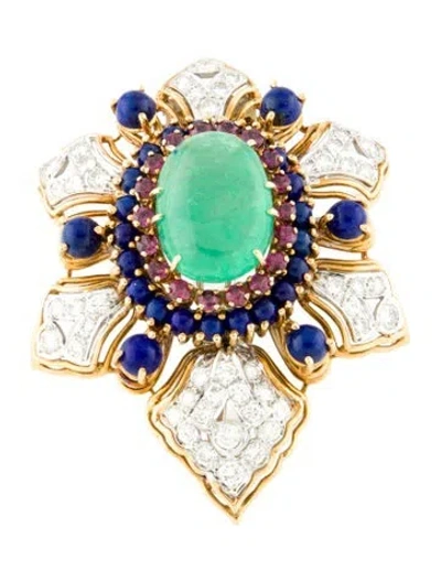 Pre-owned Brooch Paris Ian Dessin Vintage 12.70ct Emerald, Ruby, Lapis Lazuli & Diamond  Pin In Multi