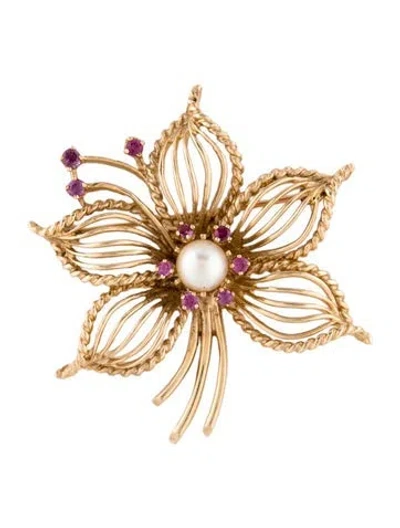 Pre-owned Brooch Pearl & Pink Sapphire Flower Pin  In Multi