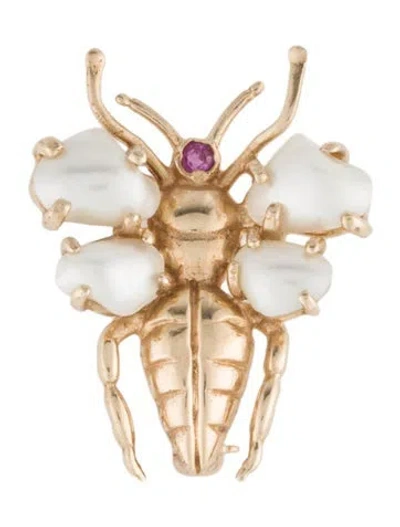 Pre-owned Brooch Pearl & Ruby Insect  In Multi