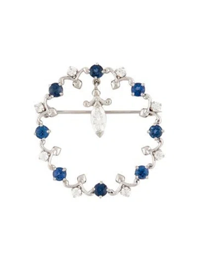 Pre-owned Brooch Platinum Sapphire & Diamond  In Multi