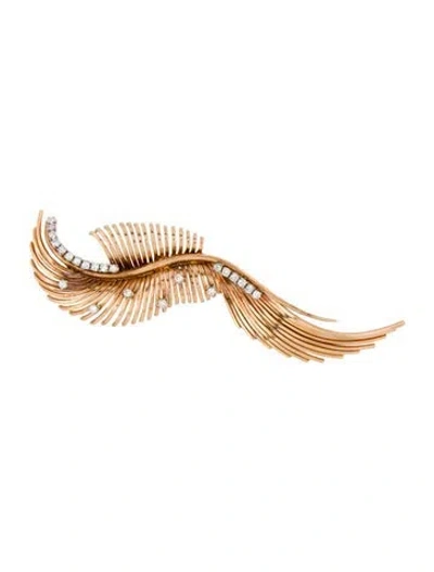 Pre-owned Brooch Retro 18k Diamond Feather  In Multi