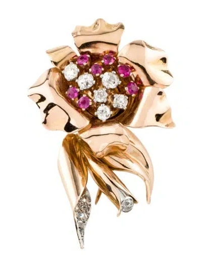 Pre-owned Brooch Retro 18k Ruby & Diamond  Pin In Multi