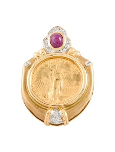 Pre-owned Brooch Ruby & Diamond American Gold Eagle Coin Pin In Multi