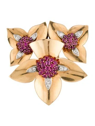 Pre-owned Brooch Ruby & Diamond Flower  In Multi