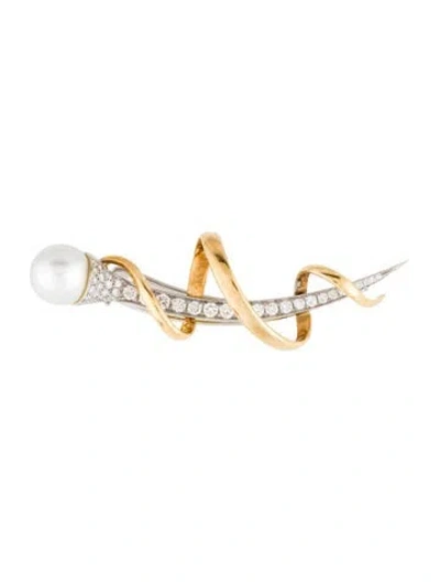 Pre-owned Brooch Turi 18k Pearl & Diamond Swirl Comet  In Multi