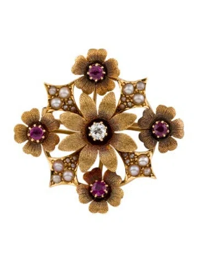 Pre-owned Brooch Victorian 18k Pearl, Ruby & Diamond Floral  Pendant In Multi