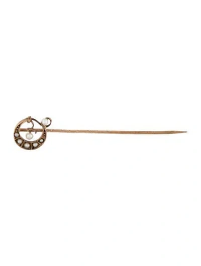 Pre-owned Brooch Victorian 9k Seed Pearl Crescent Moon Stick Pin In Multi