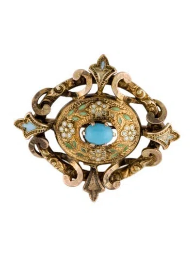 Pre-owned Brooch Vintage 10k Enamel & Glass  In Multi