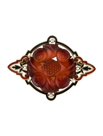 Pre-owned Brooch Vintage 14k Enamel, Pearl & Carved Amber  Pin In Multi