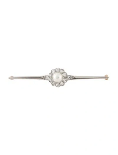 Pre-owned Brooch Vintage 14k Pearl & Diamond Bar Pin In Multi