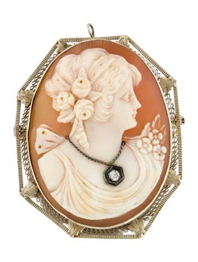 Pre-owned Brooch Vintage 14k Shell & Diamond Cameo  Pendant In Multi