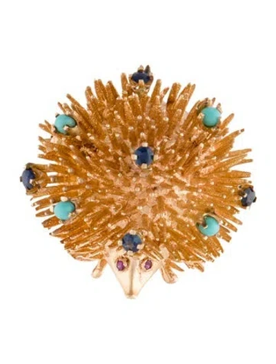 Pre-owned Brooch Vintage 14k Synthetic Sapphire, Synthetic Ruby & Glass Porcupine  In Blue