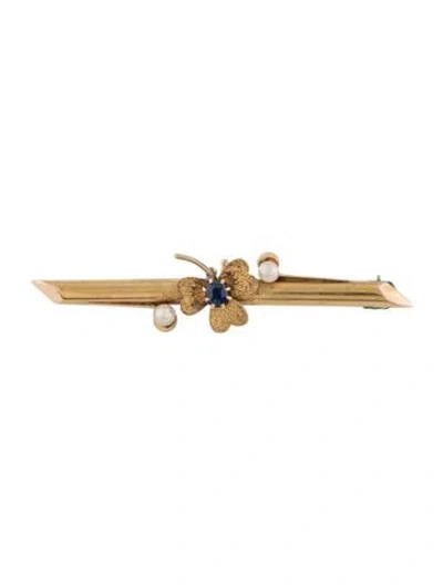 Pre-owned Brooch Vintage 15k Pearl & Sapphire Clove  In Multi