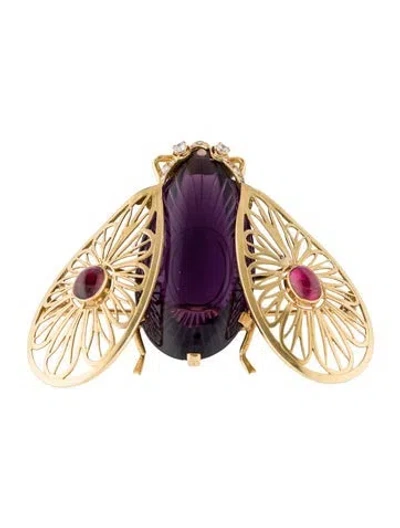 Pre-owned Brooch Vintage 18k Amethyst, Ruby & Diamond Beetle Pin  In Multi