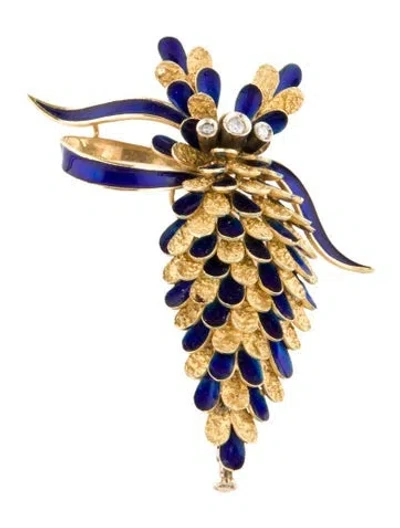 Pre-owned Brooch Vintage 18k Diamond & Enamel Pinecone Pin  In Blue