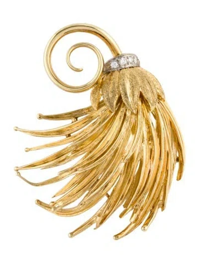 Pre-owned Brooch Vintage 18k Diamond Feather  In Multi