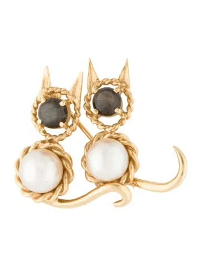 Pre-owned Brooch Vintage 18k Pearl & Star Sapphire Double Cat  Pin In Multi