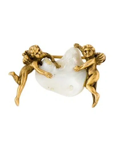 Pre-owned Brooch Vintage 18k Pearl Cherub  Pin In Multi