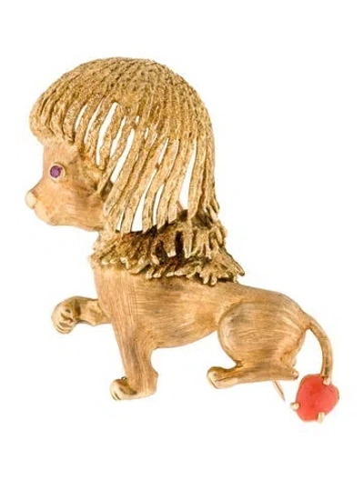Pre-owned Brooch Vintage 18k Ruby & Coral Lion  In Multi