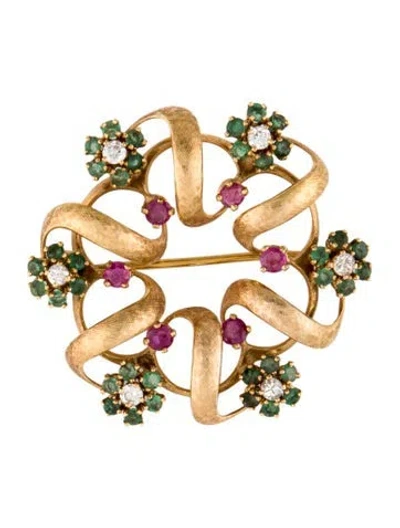 Pre-owned Brooch Vintage 18k Ruby, Emerald & Diamond Twining Bow Wreath  In Multi