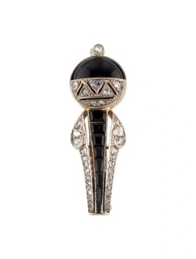 Pre-owned Brooch Vintage 18k Two-tone Diamond And Onyx Clip In Multi