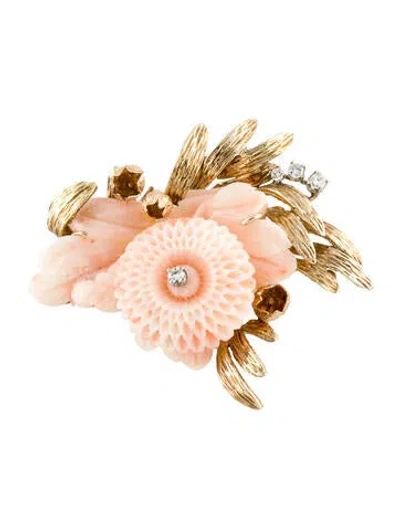 Pre-owned Brooch Vintage Coral & Diamond Floral  In Multi