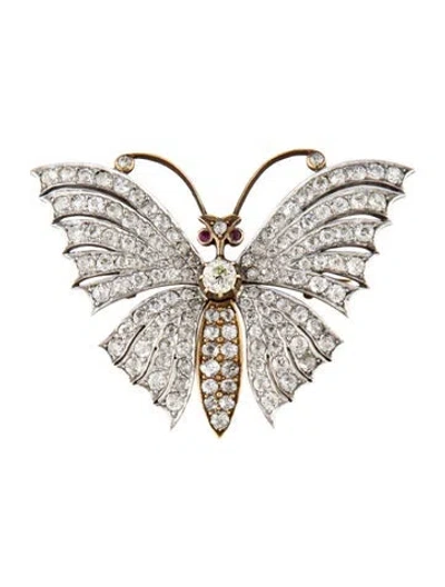 Pre-owned Brooch Vintage Diamond & Ruby Butterfly Pin In Multi