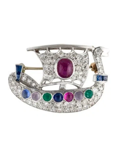 Pre-owned Brooch Vintage Multistone, Diamond, & Glass Ship