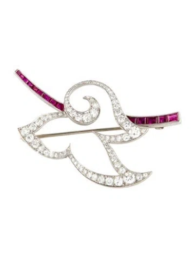 Pre-owned Brooch Vintage Palladium 1.15ctw Diamond & Ruby  In Multi