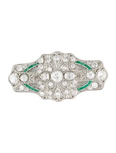 Pre-owned Brooch Vintage Platinum 3.19ctw Diamond & Emerald  In Multi