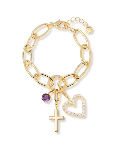 BROOK & YORK GOLD PLATED CAMI BIRTHSTONE CROSS CHARM CHAIN BRACELET