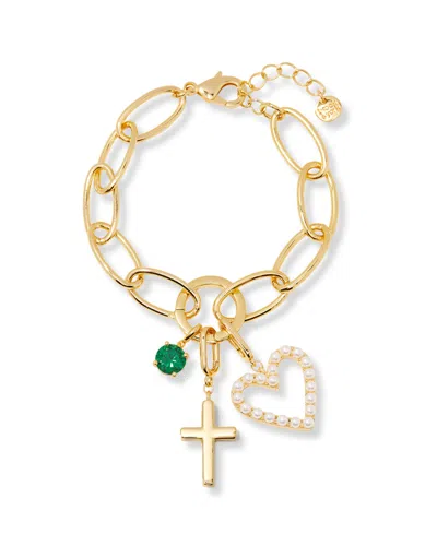 BROOK & YORK GOLD PLATED CAMI BIRTHSTONE CROSS CHARM CHAIN BRACELET