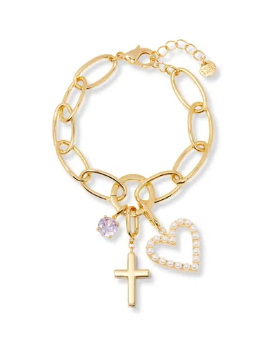 BROOK & YORK GOLD PLATED CAMI BIRTHSTONE CROSS CHARM CHAIN BRACELET