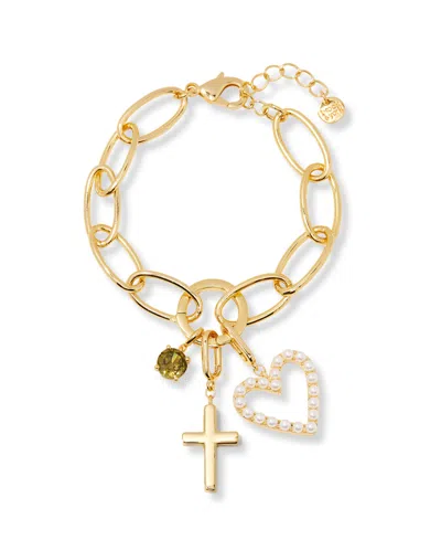 BROOK & YORK GOLD PLATED CAMI BIRTHSTONE CROSS CHARM CHAIN BRACELET