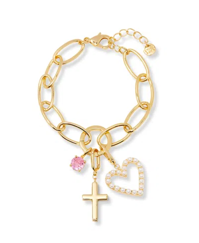 BROOK & YORK GOLD PLATED CAMI BIRTHSTONE CROSS CHARM CHAIN BRACELET