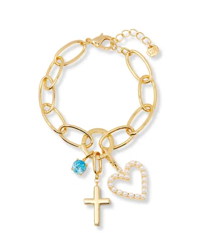 BROOK & YORK GOLD PLATED CAMI BIRTHSTONE CROSS CHARM CHAIN BRACELET