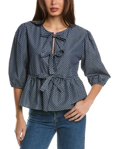 Brook + Lynn Tie Front Blouse In Blue