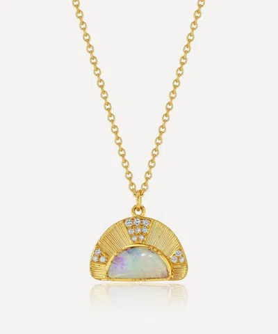 Brooke Gregson 18ct Gold Engraved Sun Ray Opal Diamond Pendant Necklace In Multi