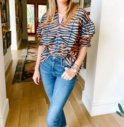 Brooke Wright Zebra Puff Sleeve Tunic In Navy/ Orange Zebra In Multi