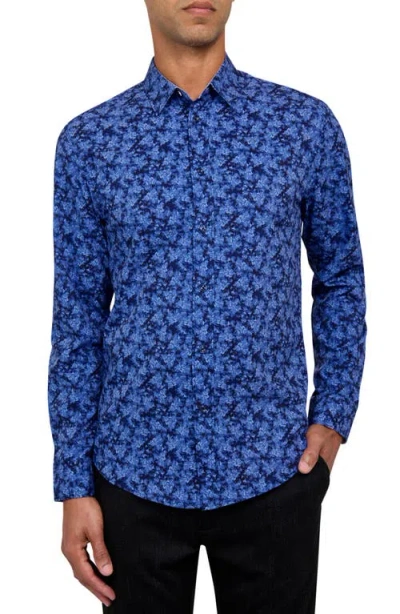 Brooklyn Brigade Abstract Floral Woven Long Sleeve Shirt In Light Blue/navy