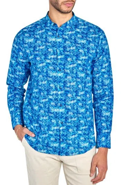 Brooklyn Brigade Abstract Leaves Mandarin Long Sleeve Shirt In Blue