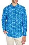 Brooklyn Brigade Abstract Leaves Mandarin Long Sleeve Shirt In Light Blue/navy