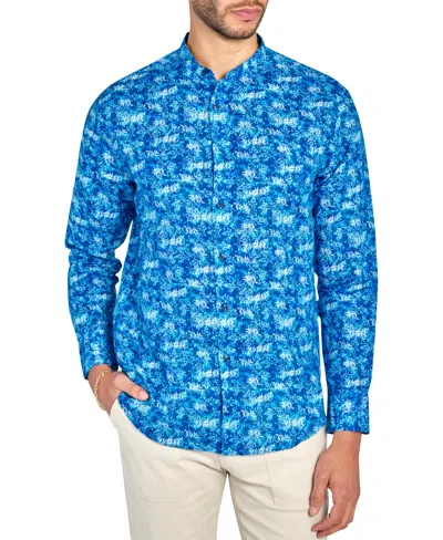 Brooklyn Brigade Men's Moisture-wicking Abstract Leaf-print Button-down Mandarin Shirt In Light Blue