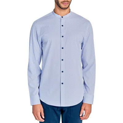 Brooklyn Brigade Micro Geo Recycled 4-way Stretch Performance Stand Collar Shirt In White/blue